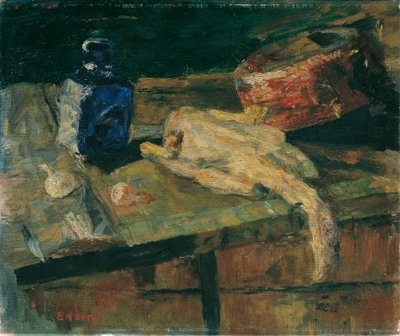 Mavi şişe ve koparılmış tavuk ile natürmort by James Ensor