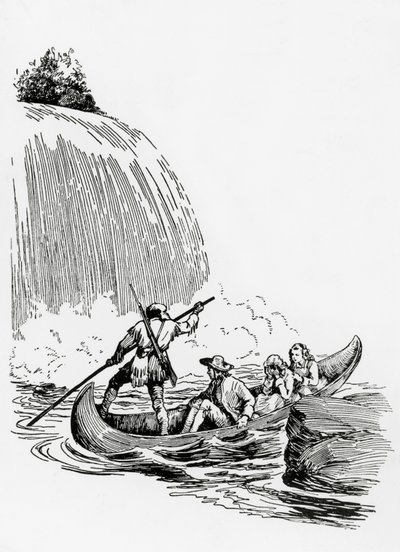 Şelalenin yanındaki kanodaki ana karakterler, Mohikanların Sonu için çizim, James Fenimore Cooper, Principato Editore, Milano by James Fenimore Cooper