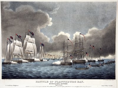 Battle of the Plattsburg Bay: McDonoughs Victory, pub. 1840 (hand coloured engraving) by James Fuller Queen