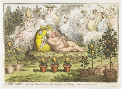 Orangerie: Dikim yorgunluğundan dinlenen Hollandalı Aşk Tanrısı, 1796 portakal bahçesi; veya Dikim yorgunluğundan sonra dinlenen Hollandalı Aşk Tanrısı (nesne üzerindeki başlık) by James Gillray (signed by artist)
