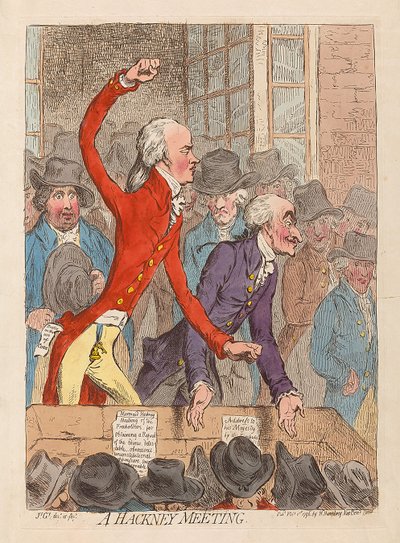 Bir Hackney Toplantısı, pub. 1796 (el renkli gravür) by James Gillray