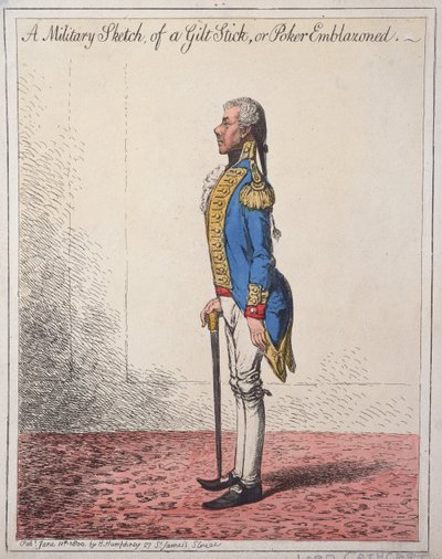 1800'de Hannah Humphrey tarafından yayınlanan Yaldızlı Çubuk veya Poker Kabartmalı Askeri Kroki (el boyaması gravür) by James Gillray