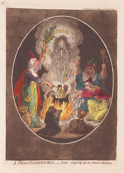 Bir Phantasmagoria: Scene - Silahlı Bir İskelet Yaratmak, pub. 1803 (el renkli gravür) by James Gillray