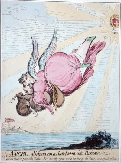 Güneş ışını üzerinde Cennete süzülen bir Melek (el boyaması gravür) by James Gillray