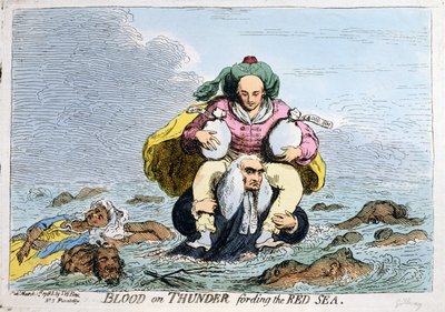 Blood on Thunder fording the Red Sea, S.W. Fores tarafından 1788 yılında yayımlanmıştır (elle renklendirilmiş gravür) by James Gillray