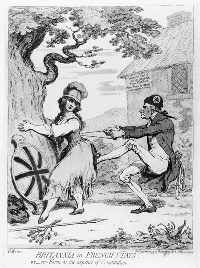 Britannia in French Stays, or Re-Form at the Expense of Constitution, Hannah Humphrey tarafından 1793