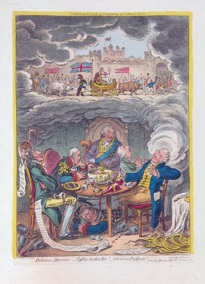 Lezzetli Rüyalar: Havada Kaleler! - Şanlı Beklentiler!, pub. 1808 (el renkli gravür) by James Gillray