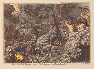 İrlanda İstilasının Sonu veya Fransız Armadasının Yıkımı, pub. 1797 (el renkli gravür) by James Gillray