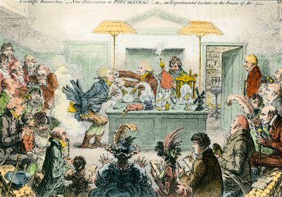 Bilim üzerine İngiliz hiciv: pnömatik malzemelerde yeni keşifler. 19. yüzyılda bilimsel konferanslar için duyulan coşku üzerine hiciv çizimi. James Gillray (1757-1815) tarafından yapılan gravür by James Gillray