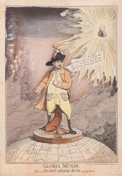 Gloria Mundi veya Güneşe Seslenen Şeytan, pub. 1782 (el renkli gravür) by James Gillray