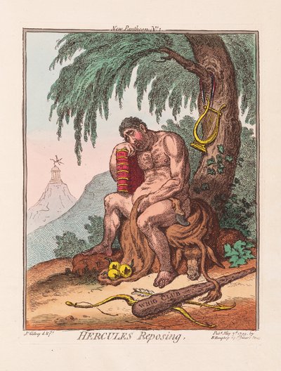 Herkül Dinlenme, pub. 1799 (el renkli gravür) by James Gillray