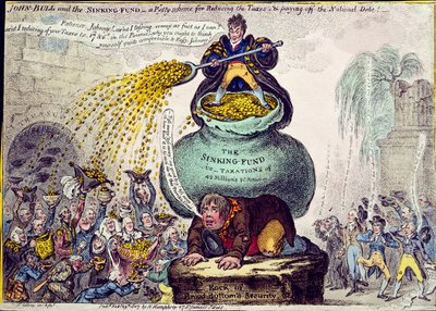 John Bull ve Batan Fonu veya 1807'de Hannah Humphrey tarafından yayınlanan Vergileri Azaltmak ve Ulusal Borçları Ödemek için Güzel Bir Plan (elle renkli gravür) by James Gillray
