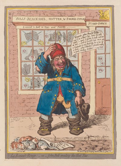 La Bonnet Rouge veya John Bull, Şapka Vergisinden kaçıyor, pub. 1797 (el renkli gravür) by James Gillray