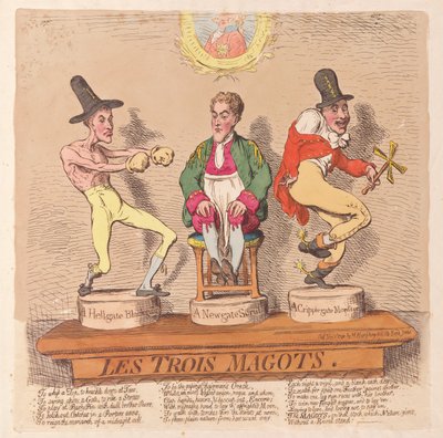 Les Trois Magots, pub. 1791 (el renkli gravür) by James Gillray