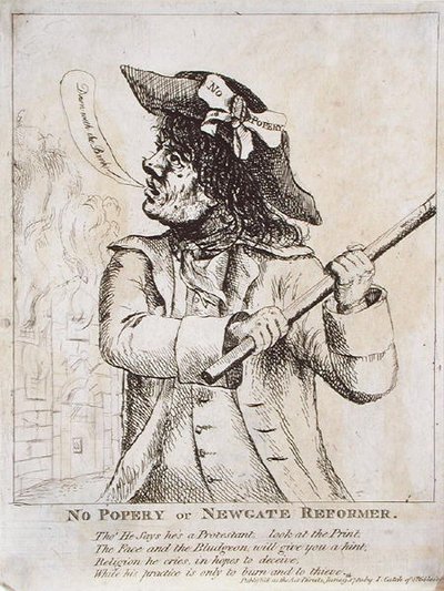 Popery Yok veya Newgate Reformer: muhtemelen Ned Dennis, Newgate Hapishanesi arkasında alevler içindeyken şapkasında 