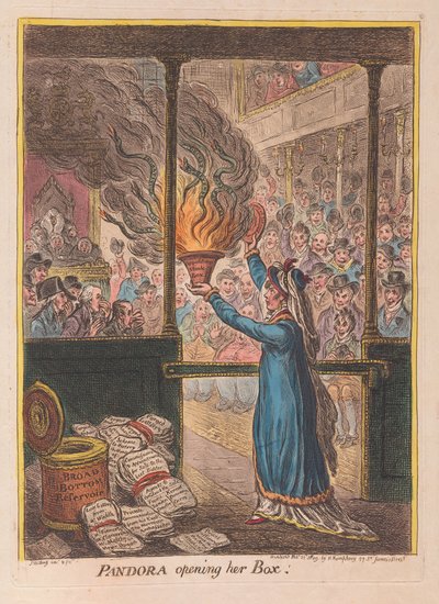Pandora Kutusunu Açarken, pub. 1809 (el renkli gravür) by James Gillray