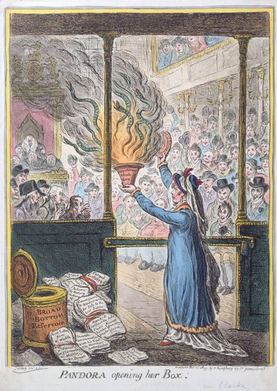 Pandora Kutusunu Açmak, Hannah Humphrey tarafından yayınlandı, 1809 (el boyaması gravür) by James Gillray