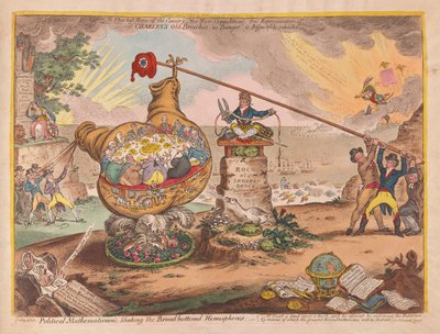 Siyasi Matematikçiler Tahtayı Sallayarak Tabanlı Hemispheres, pub. 1807 (el renkli gravür) by James Gillray