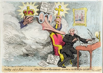 1790'da Hannah Humphrey tarafından yayınlanan Geceyarısı 'Hesaplamaları'nda rahatsız edilen bir Sıçan veya Ateist-Devrimcinin Kokusu (el boyaması gravür) by James Gillray
