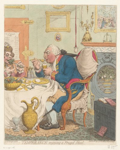 Spotprent op George III, 1792 Tutumlu bir Yemeğin tadını çıkaran Temperance (nesne üzerindeki başlık) by James Gillray