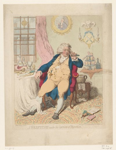 Spotprent op George IV, 1792 Sindirimin dehşeti altında bir Gönüllülük (nesnedeki başlık) by James Gillray