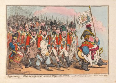 Ek Milis, Twenty Days Amusement için çıkıyor, pub. 1796 (el renkli gravür) by James Gillray