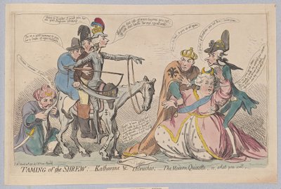 Hırçın Evcilleştirme: Katherine & Petruchio; Modern Kişot, ya da ne yapacaksan, pub. 1791 (el renkli gravür) by James Gillray