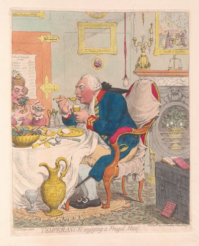 Temperance tutumlu bir yemeğin tadını çıkarıyor, pub. 1792 (el renkli gravür) by James Gillray