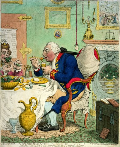 Tutumlu Bir Yemeğin Keyfini Çıkaran Temperance, Hannah Humphrey tarafından yayınlandı, 1792 by James Gillray