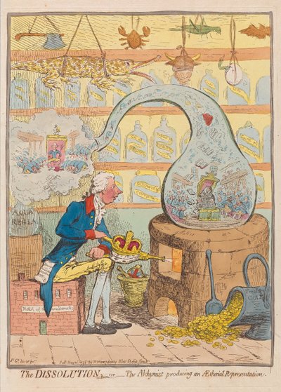 Bir Ruhsal Temsil Üreten Çözülme veya Simyacı, yayın. 1796 (el renkli gravür) by James Gillray