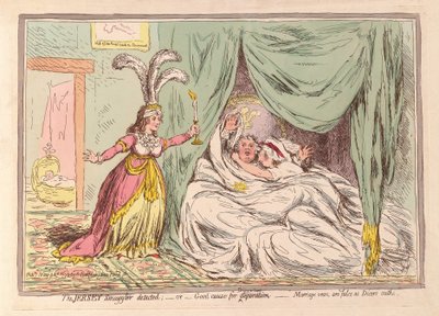 Jersey Kaçakçısı tespit edildi veya Ayrılık için İyi bir neden, Evlilik Yeminleri Dicers yeminleri gibi Yanlış, pub. 1796 (el renkli gravür) by James Gillray