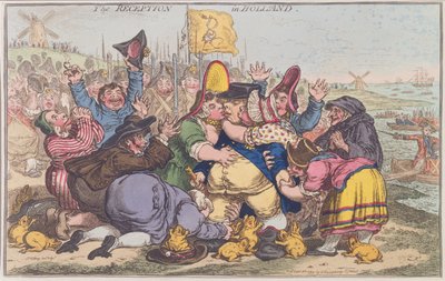 1799'da Hannah Humphrey tarafından yayınlanan Hollanda'daki Resepsiyon (el boyaması gravür) by James Gillray