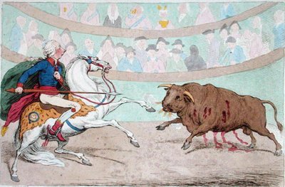 1795'te Hannah Humphrey tarafından yayınlanan Kraliyet Boğa Güreşi (el boyaması gravür) by James Gillray