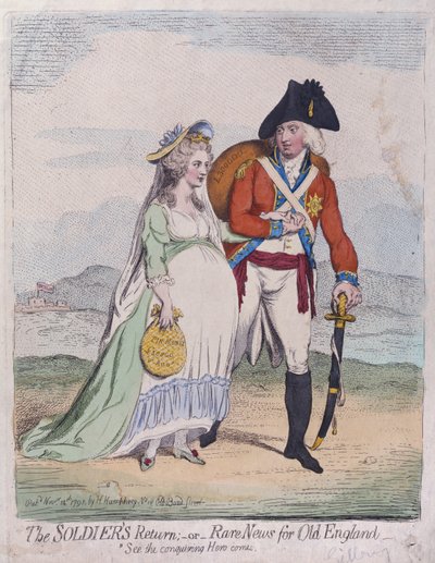 1791'de Hannah Humphrey tarafından yayınlanan Askerlerin Dönüşü veya Eski İngiltere için Nadir Haberler (el boyaması gravür) by James Gillray