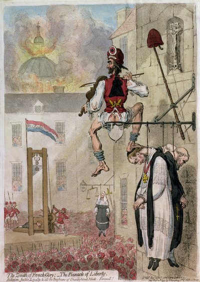"Fransız Zaferinin Zirvesi; Özgürlüğün Zirvesi. Din, Adalet, Sadakat ve Aydınlanmamış Zihinlerin Tüm Böcekleri, Elveda!", pub. by Hannah Humphrey by James Gillray