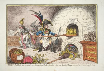 Büyük Fransız Gingerbread-Fırıncısı Tiddy-Doll, yeni bir Parti Krallar çiziyor. - Adam Atlamalı Talley, Hamuru karıştırma, pub. 1806 (el renkli gravür) by James Gillray