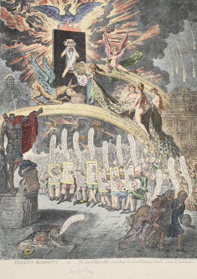 Titianus Redivivus veya Yedi Bilge Adam, yeni Venedikli Kahin'e danışıyor, 'Academic Grove No.1'de bir sahne, H. Humphrey tarafından yayınlanmış Kasım 1797 (el renkli gravür) by James Gillray