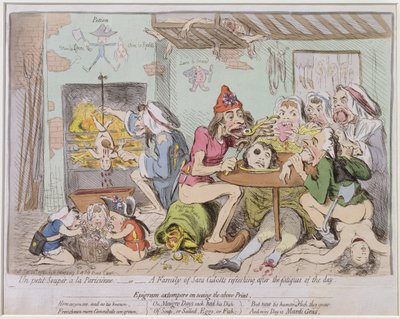 Un Petit Souper a la Parisienne, or A Family of Sans-Culottes Refreshing after the Fatigues of the Day, Hannah Humphrey tarafından 1792 yılında yayımlanmıştır (el boyaması gravür) by James Gillray