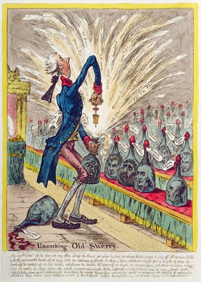 1805'te Hannah Humphrey tarafından yayınlanan Old Sherry'nin mantarını açma (el boyaması gravür) by James Gillray