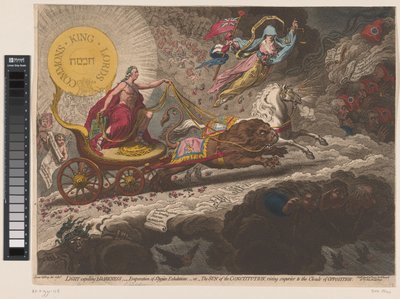 William Pitt verdrijft de duistere krachten, 1795 Işık Karanlığı kovuyor, - Stygian ekshalasyonlarının buharlaşması,-veya- Anayasanın güneşi, muhalefet bulutlarının üzerinde yükseliyor (nesne üzerindeki başlık) by James Gillray