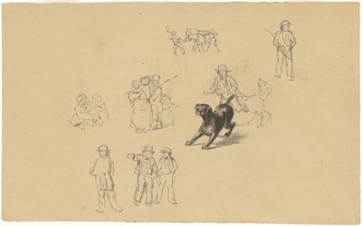 Havlayan Köpek ve Milis Eğitimi Çalışmaları, c.1841 (grafit) by James Goodwin Clonney