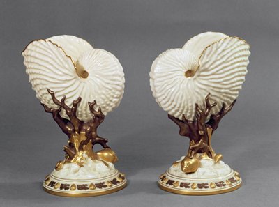 Nautilus kabuğu şeklinde bir çift Worcester vazo, 1880 porselen by James Hadley