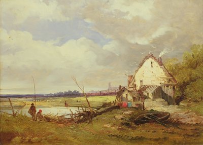 Bir Nehir Kıyısında Bir Kulübenin Yanında Olta Balıkçıları by James Holland