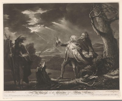 David Garrick, Kent Kontu ile Kral Lear rolünde ve fırtınalı bir manzarada Tom kılığında Edgar Bay. Kral Lear Karakterindeki Garrick (nesnedeki başlık) by James McArdell