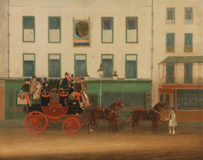 London-Manchester Stage Coach, Peacock Inn, Islington'ın dışındaki "Peveril of the Peak" by James Pollard