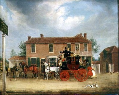 The Norwich to London Mail at the Coach and Horses, Ilford (tuval üzerine yağlı boya) by James Pollard