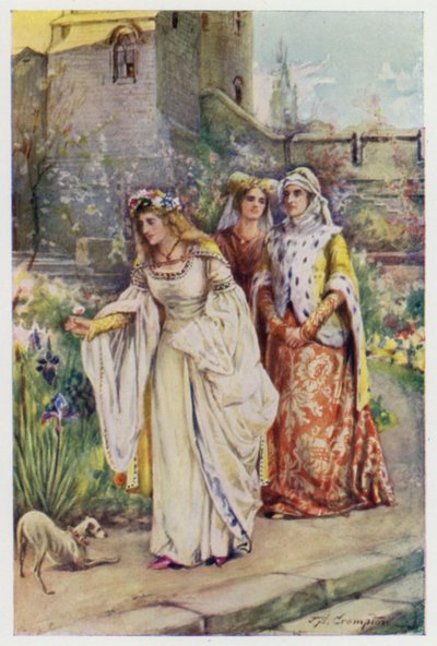Orada, bahçede gördüğü en güzel kadın yürüyordu, Kingis Quair'den bir sahne. by James Shaw Crompton