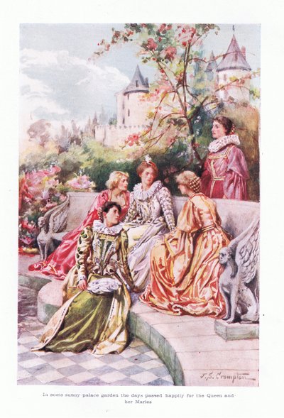 Güneşli bir saray bahçesinde günler, kraliçe ve yardımcıları için mutlu bir şekilde geçti. by James Shaw Crompton