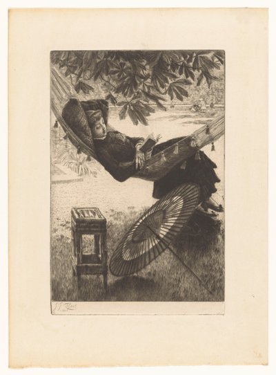 Genç kadın bir hamakta okuyor by James Tissot
