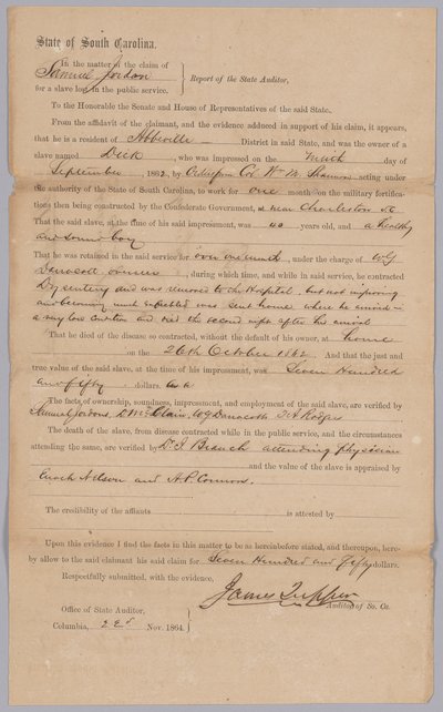 Güney Carolina Konfederasyon eyaleti tarafından köleleştirilmiş adam Dick için verilen hak talebi, 23 Kasım 1864. by James Tupper